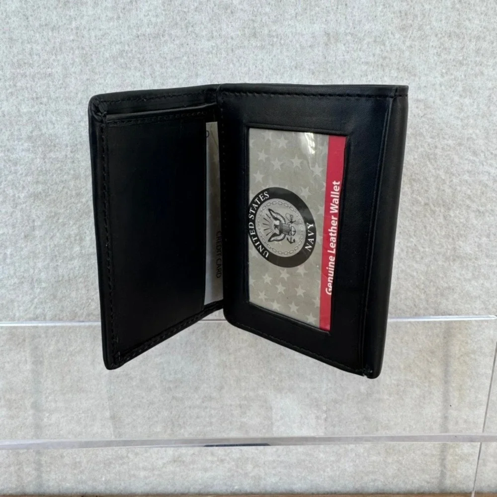 US Navy Black Genuine Leather Mens Trifold Wallet Embossed NWT - Picture 2 of 11
